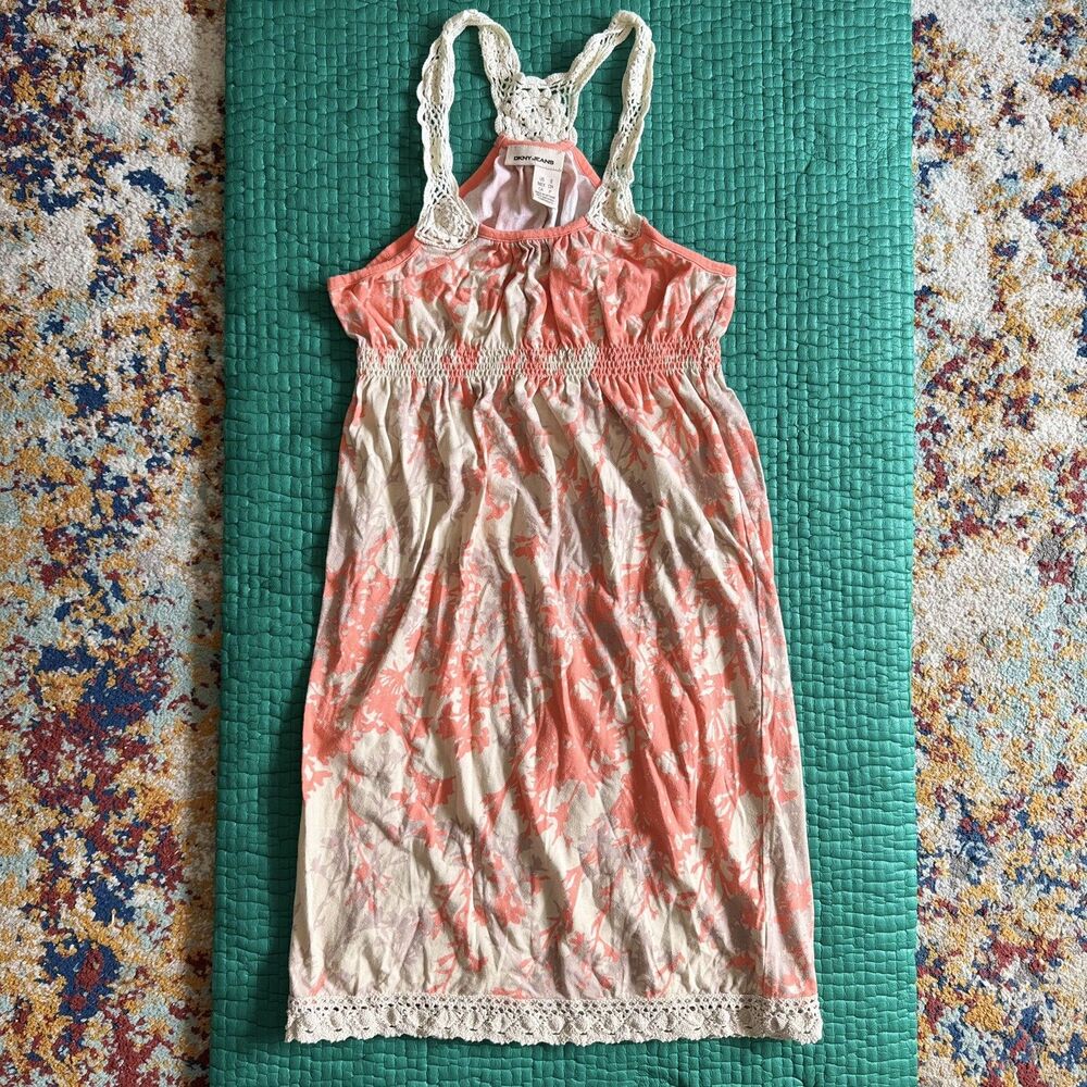 NEW Vintage DKNY Coral Pink Beige Boho Midi Dress S Embroidered Halter Floral